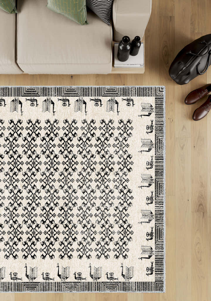 Birds of Freedom Black and White Boho Rug