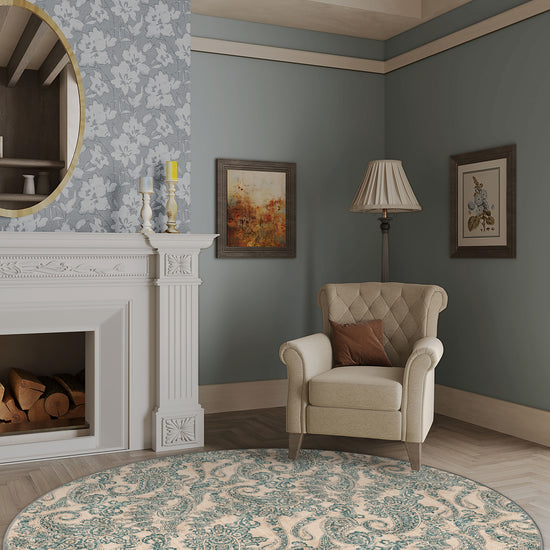 Cream round paisley rug for living room.