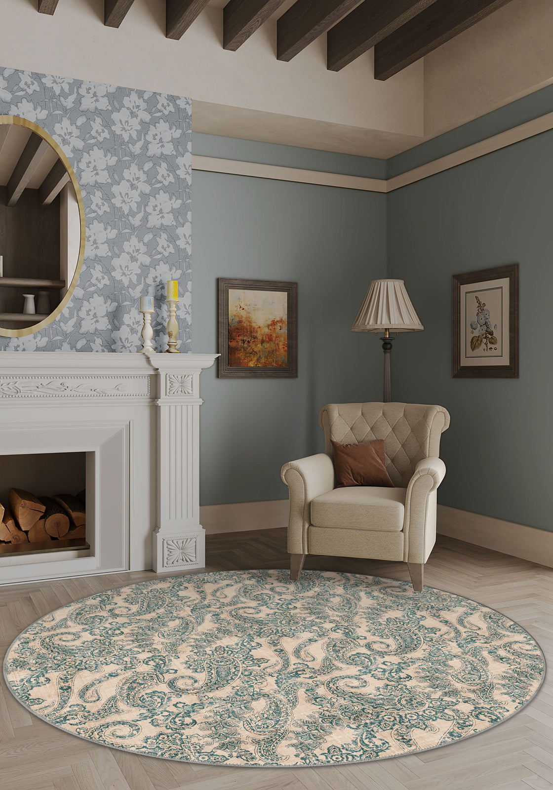 Cream round paisley rug for living room.