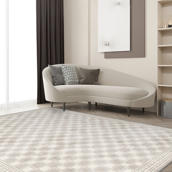 Modern living room rug with minimalist geometric pattern.