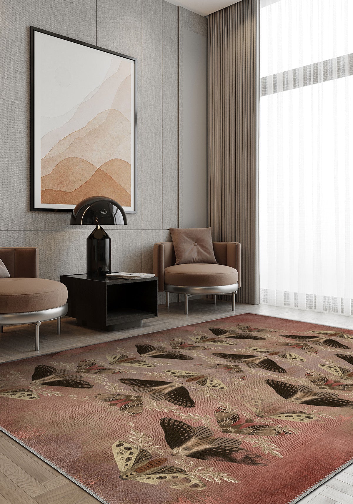 Modern living room with a patterned rug, chairs, and abstract art on the wall.