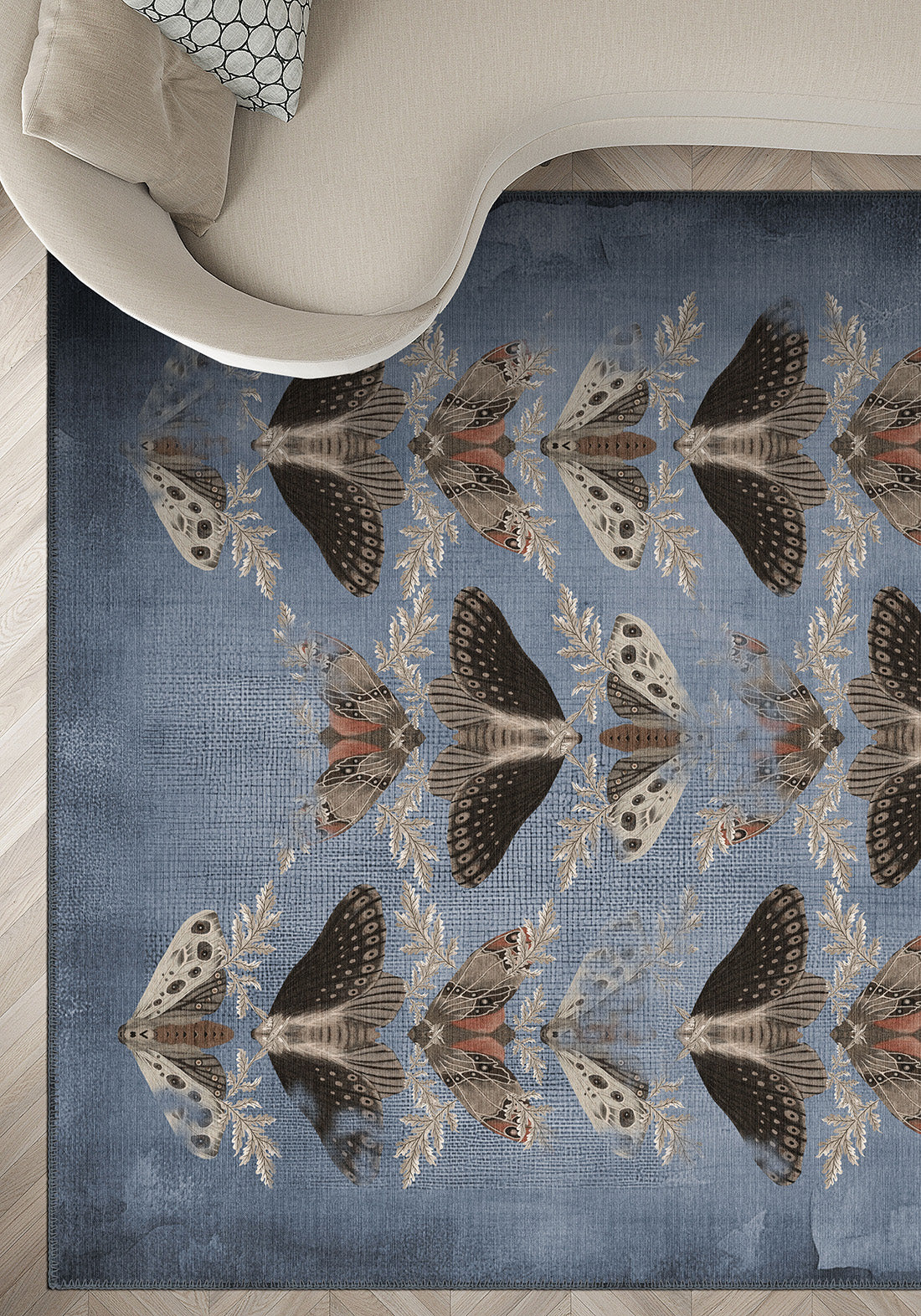 Rug with butterfly pattern on a neutral-colored floor