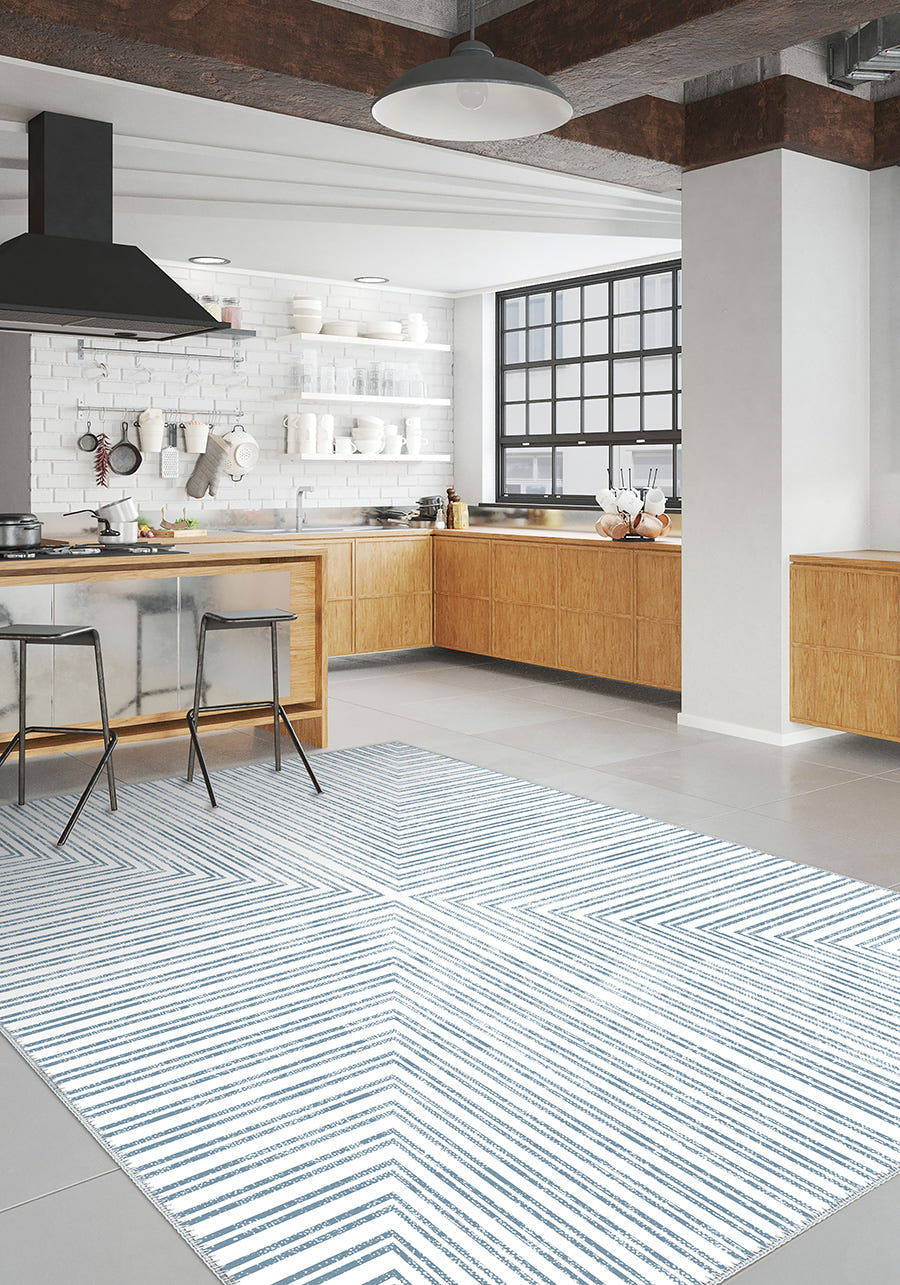 Kylie Striped Washable Rug - Light Blue