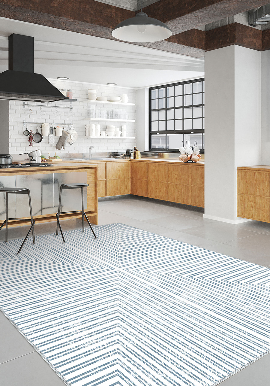 Kylie Striped Washable Rug - Light Blue