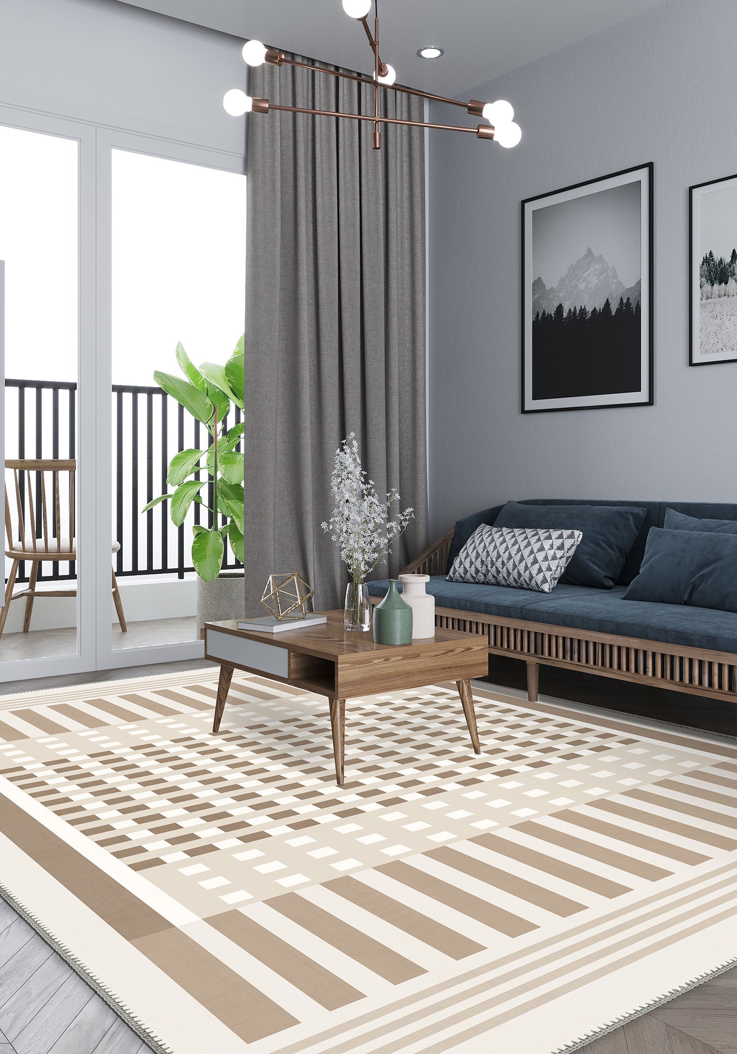 Cream geometric rug for living room