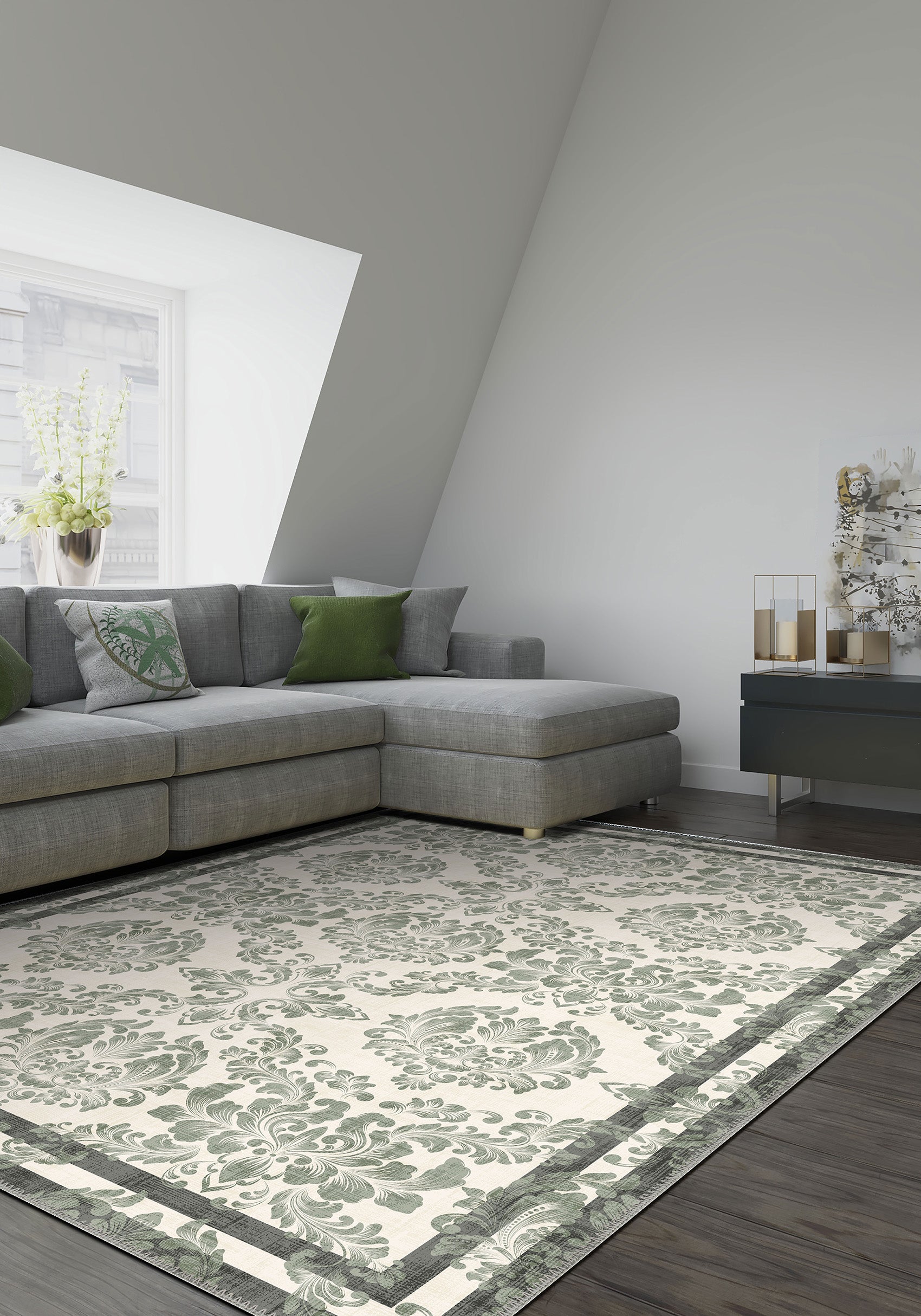Green farmhouse rug for living room.