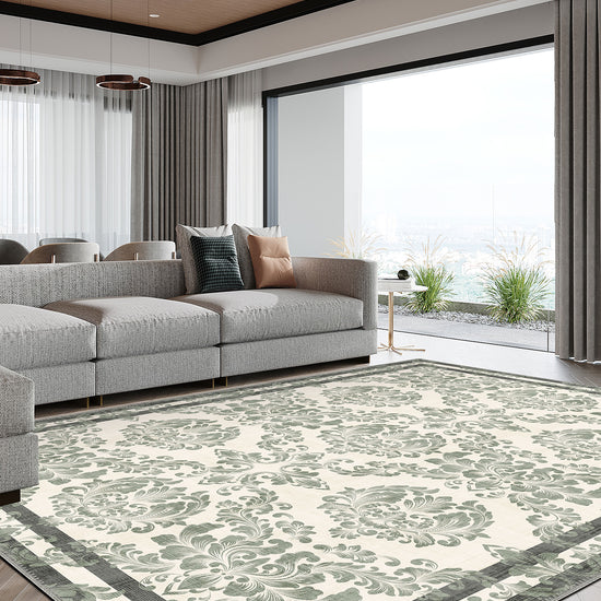 Green floral rug for living room.