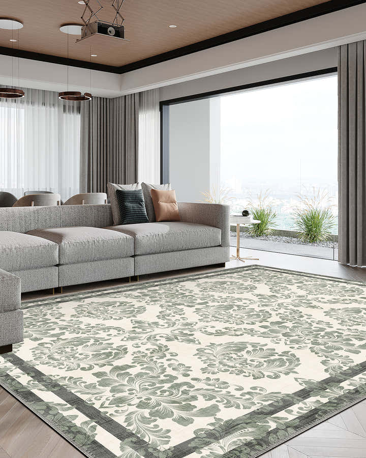 Green floral rug for living room.