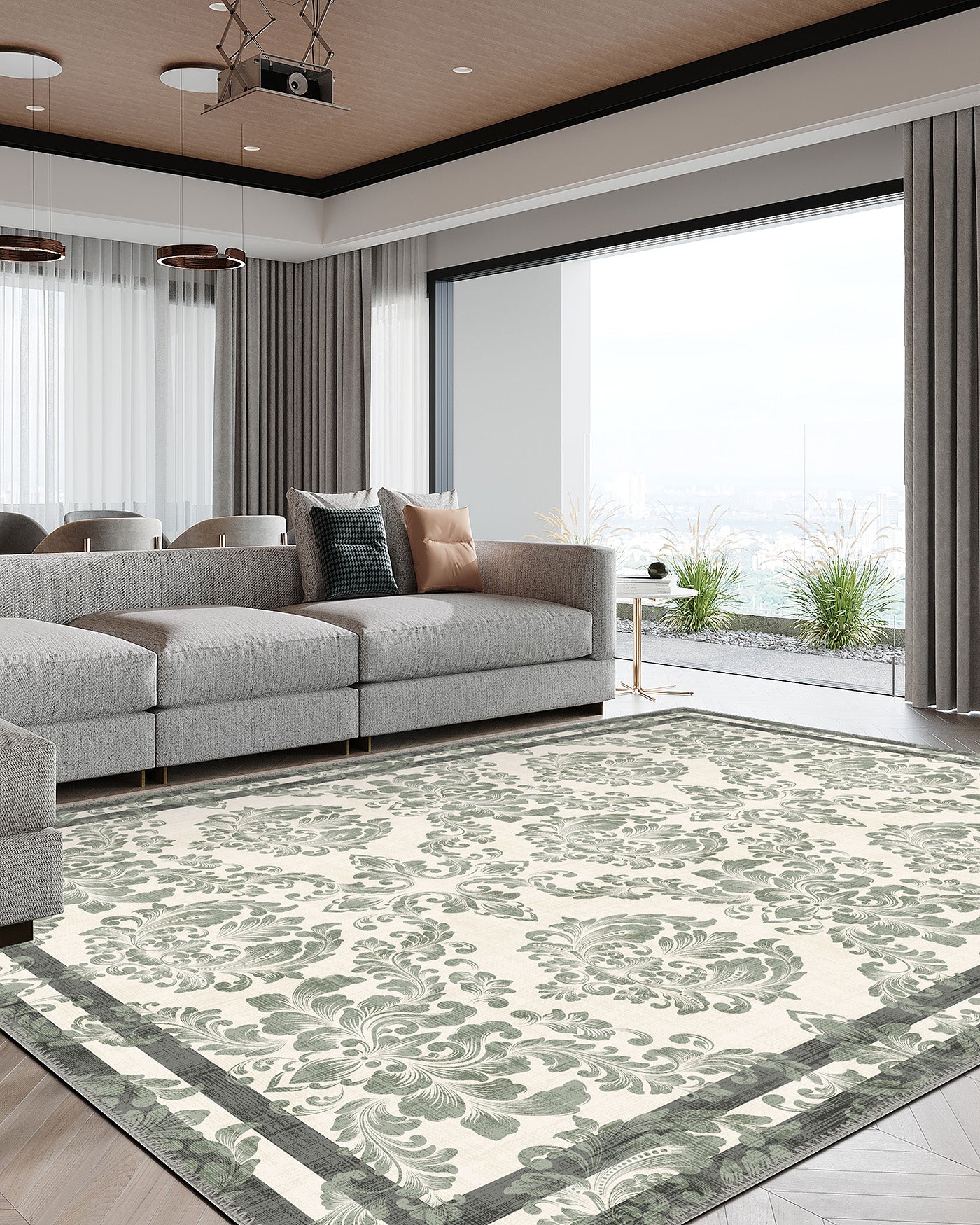 Green floral rug for living room.