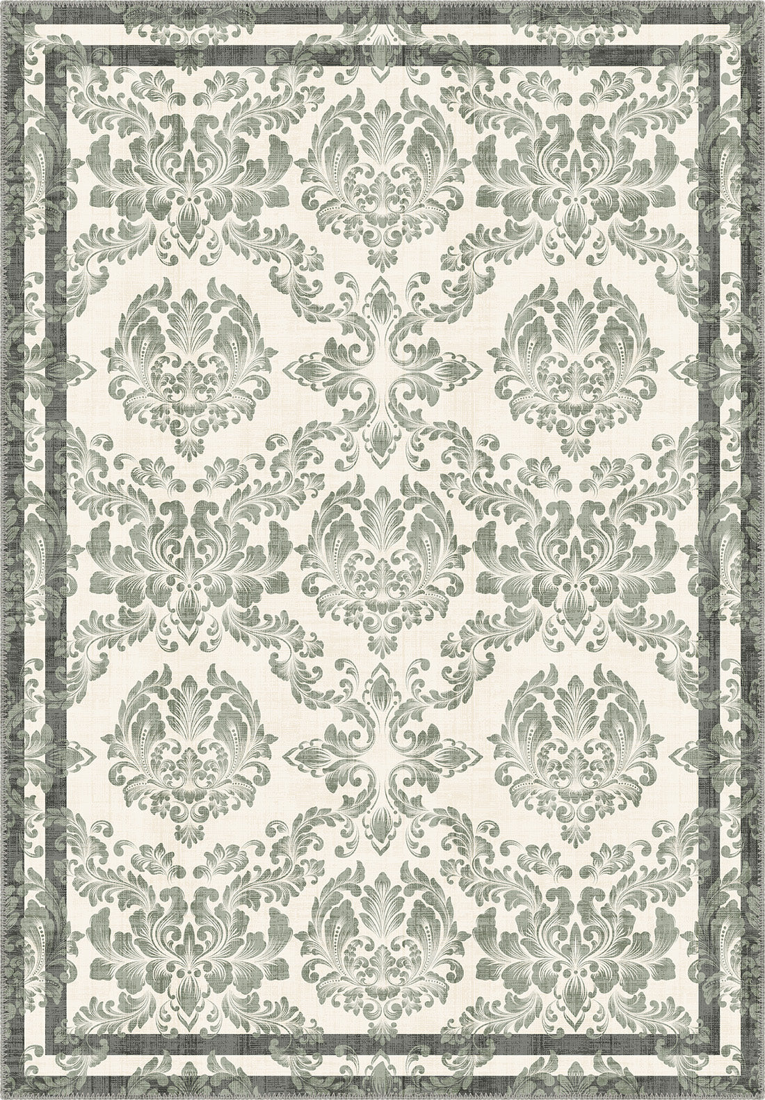 Green floral rug with damask pattern.