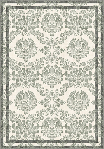 Green floral rug with damask pattern.