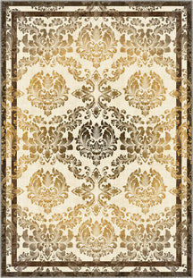 Damask rug in cream, gold and brown.