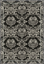 Black gothic rug with damask pattern.
