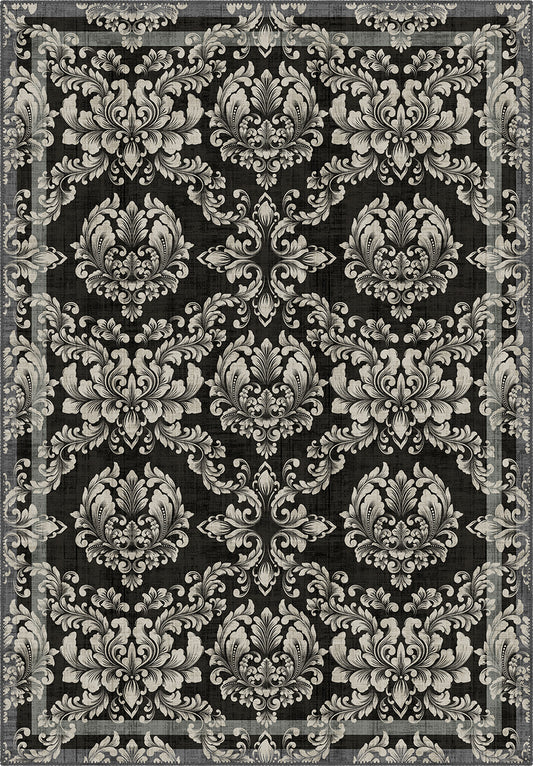 Black gothic rug with damask pattern.