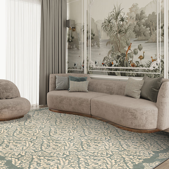Damask sage green rug for living room.
