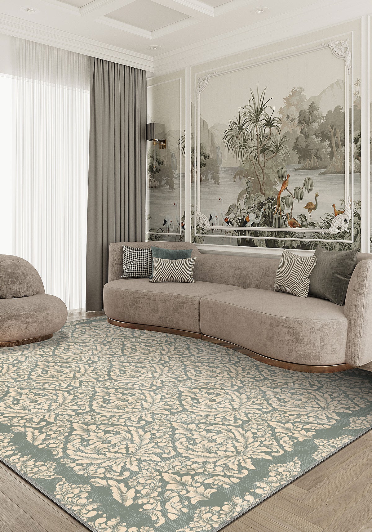Damask sage green rug for living room.