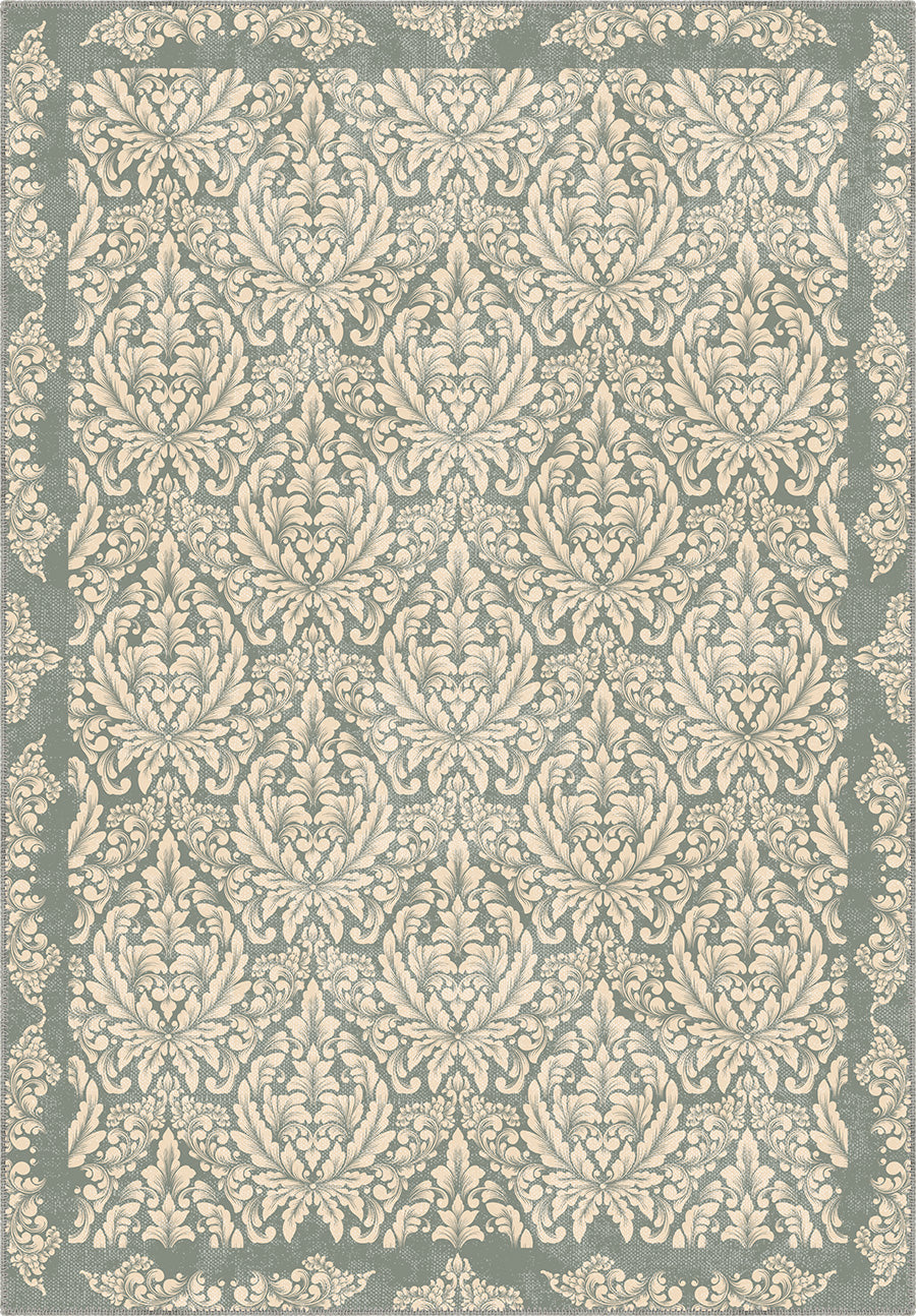 Damask sage green rug.