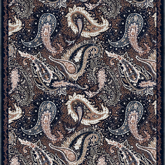 Paisley pattern rug in navy and brown colors.