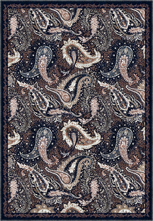 Paisley pattern rug in navy and brown colors.