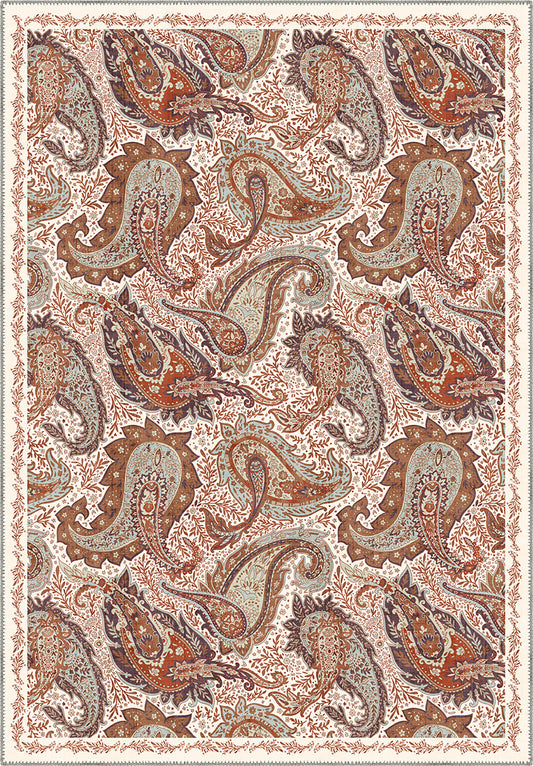 Brown paisley rug on a cream background.