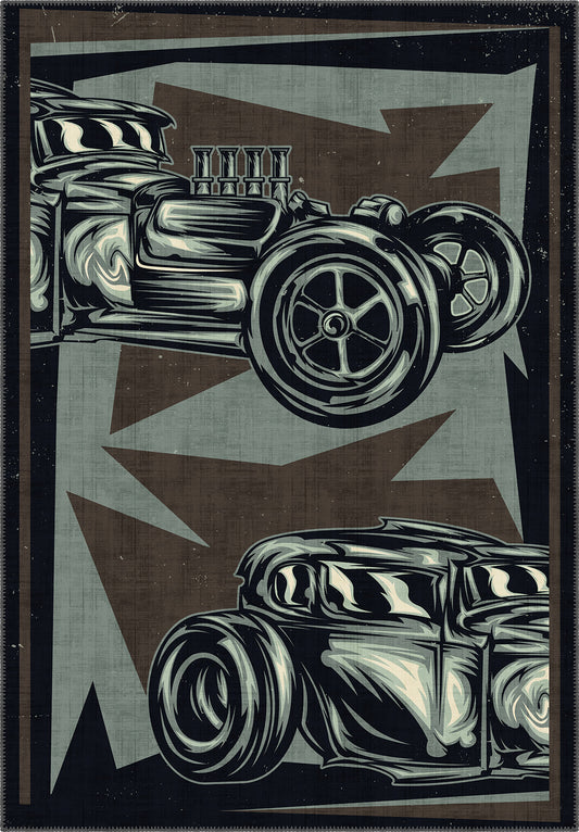 Washable man cave rug with artistic design.