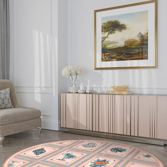 Pink round rug for living room.