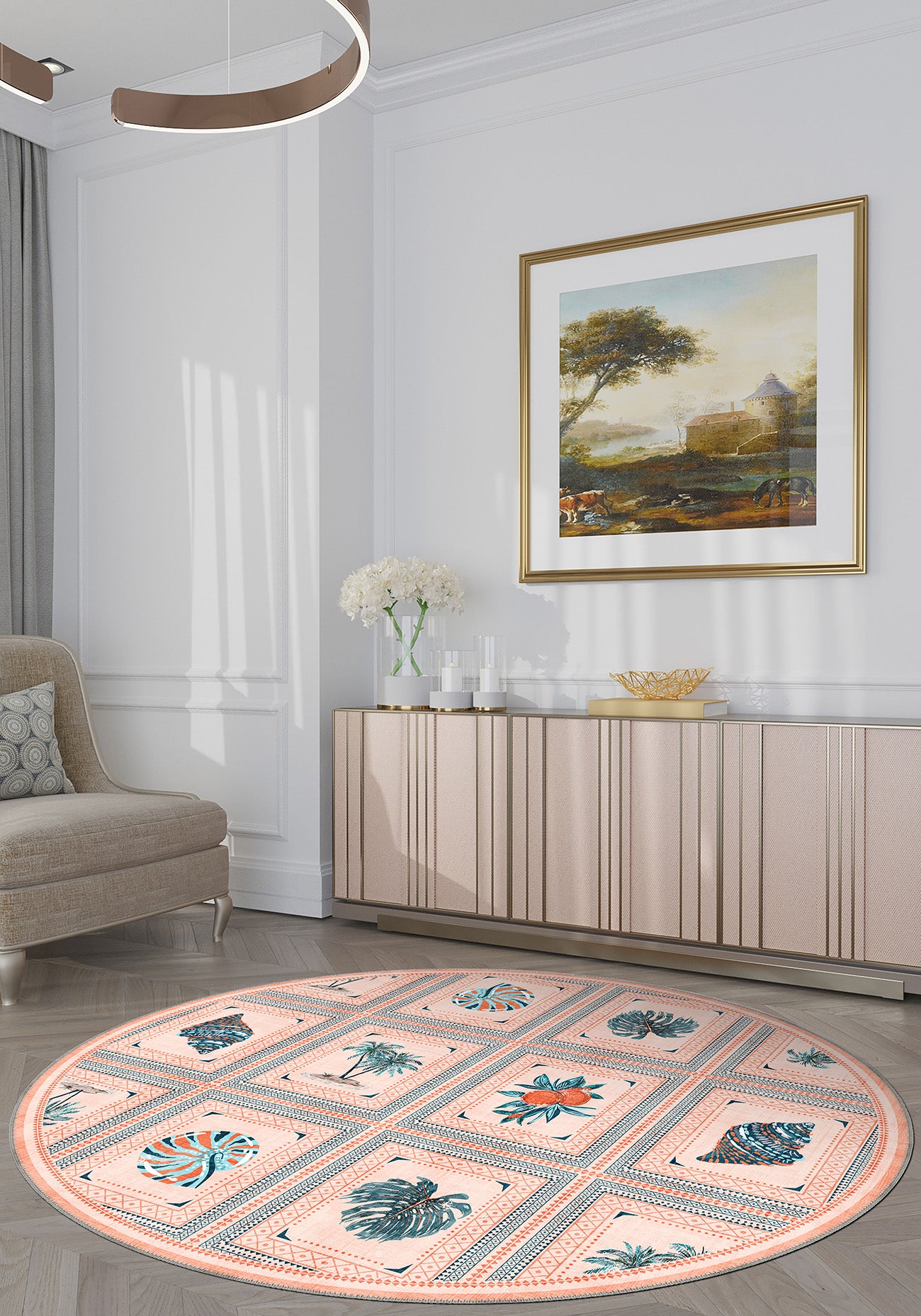Pink round rug for living room.