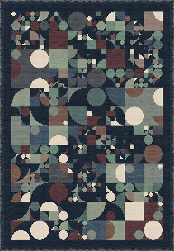Teal and navy geometric rug for living room.
