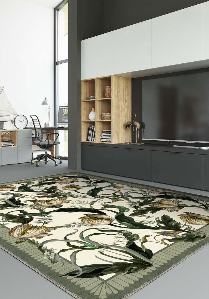 Ivory floral rug for living room.
