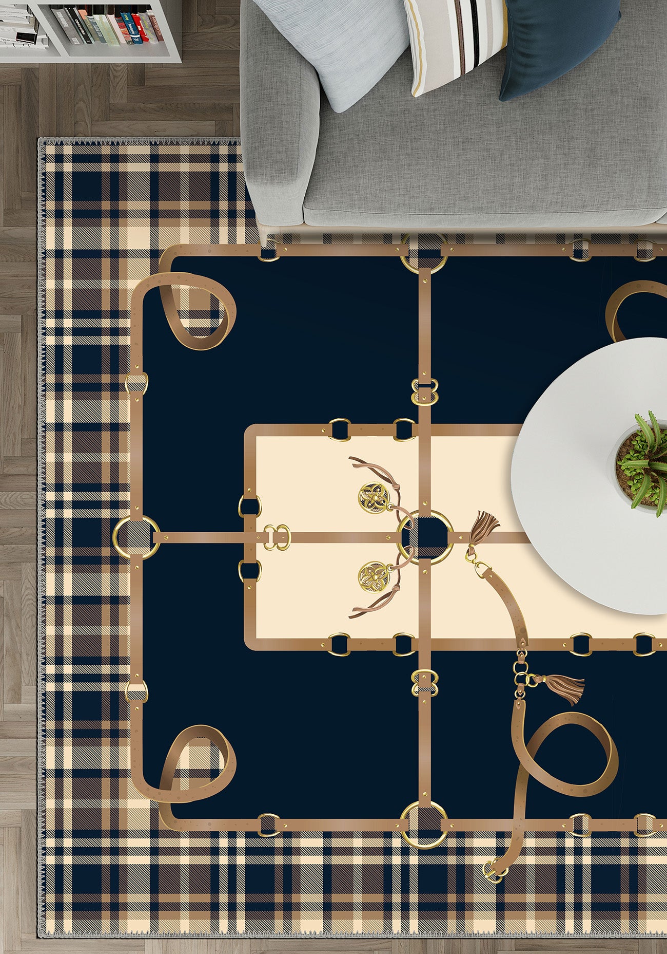 Navy tartan rug for living room.