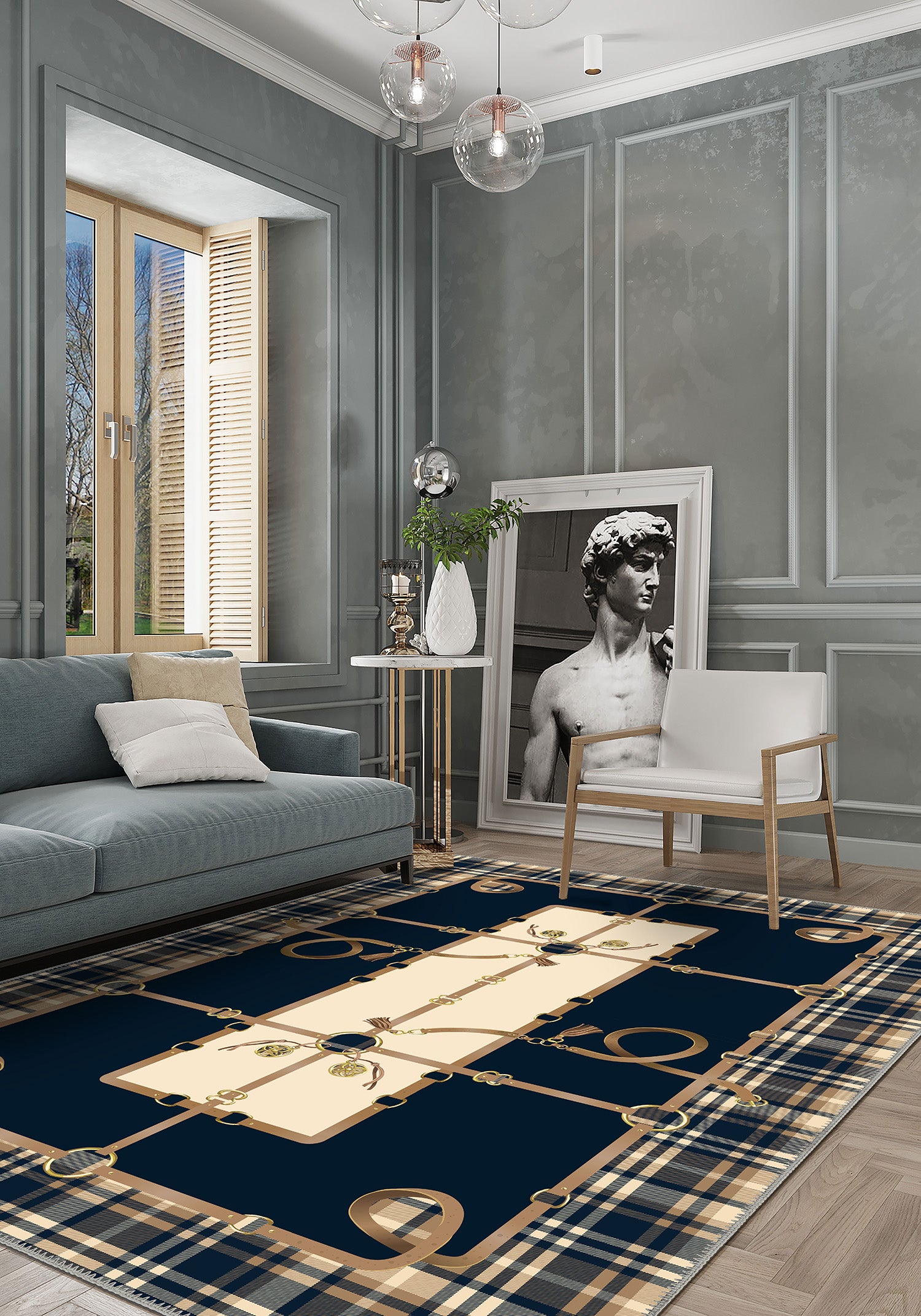 Navy plaid rug for living room.