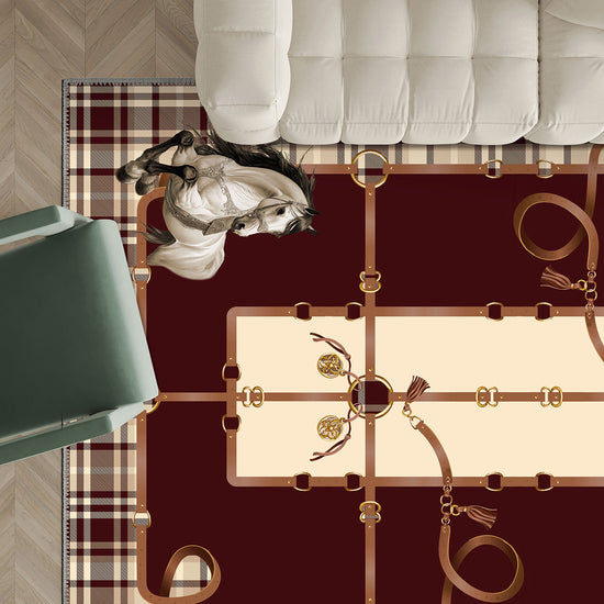 Burgundy plaid rug for living room.