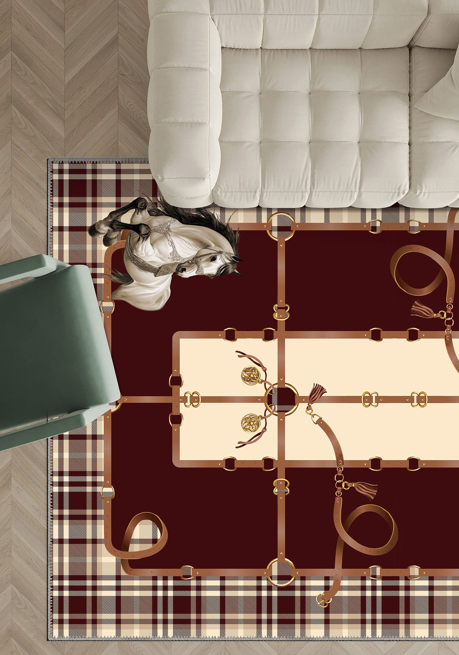 Burgundy plaid rug for living room.
