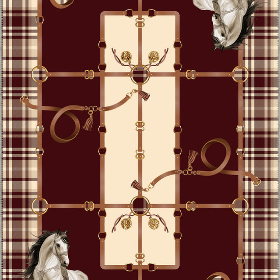Burgundy plaid rug with equestrian details and horse motifs.