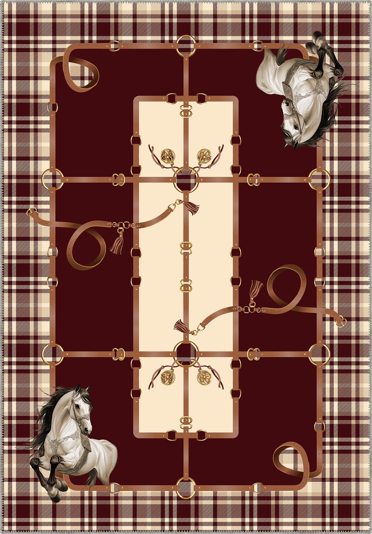 Burgundy plaid rug with equestrian details and horse motifs.
