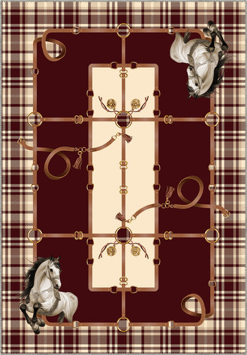 Burgundy plaid rug with equestrian details and horse motifs.