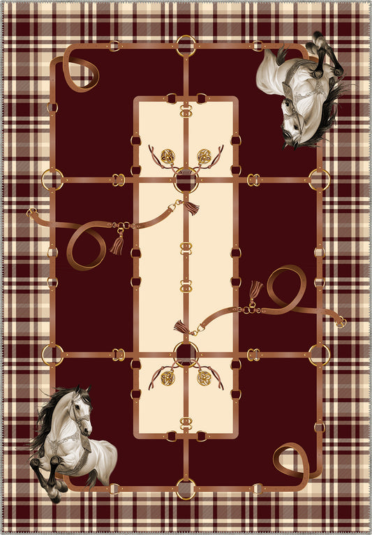 Burgundy plaid rug with equestrian details and horse motifs.