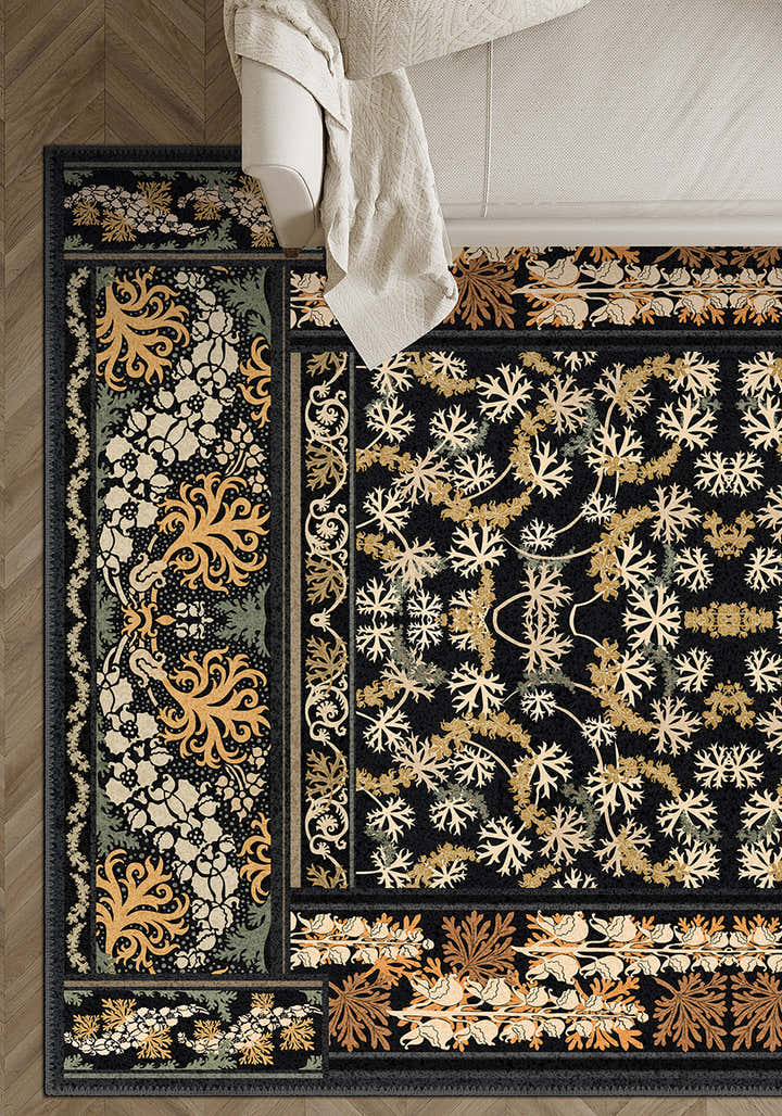 Black floral eclectic rug for living room.