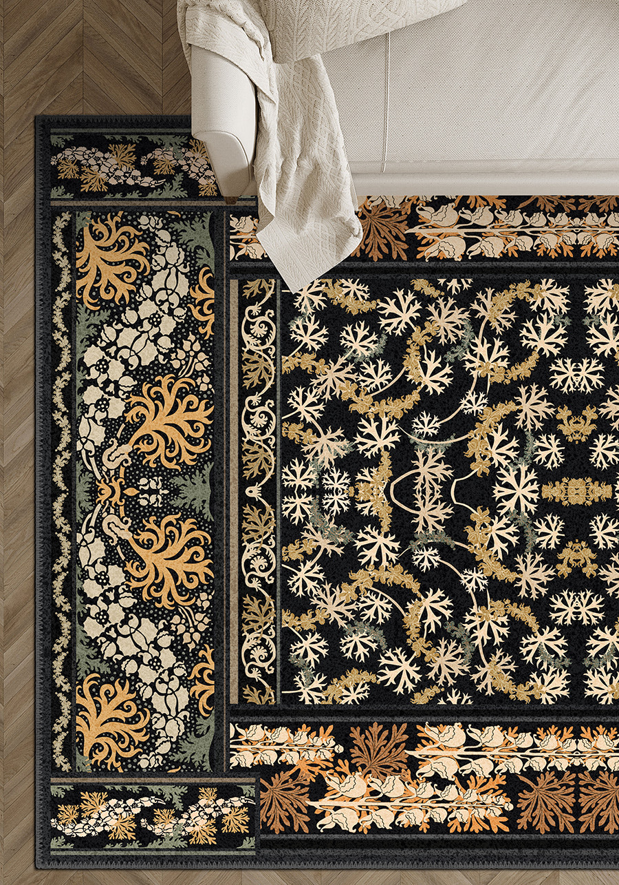 Black floral eclectic rug for living room.