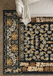 Black floral eclectic rug for living room.