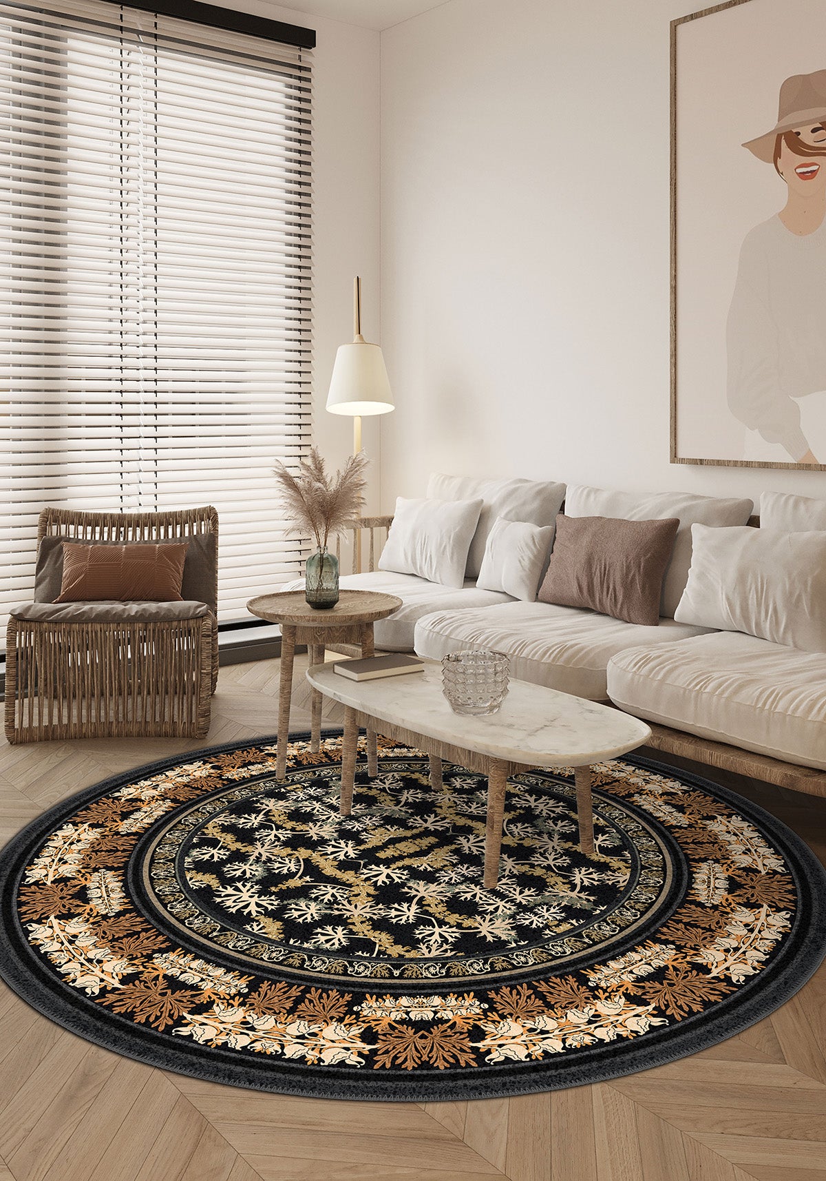 Black round rug with floral motifs.