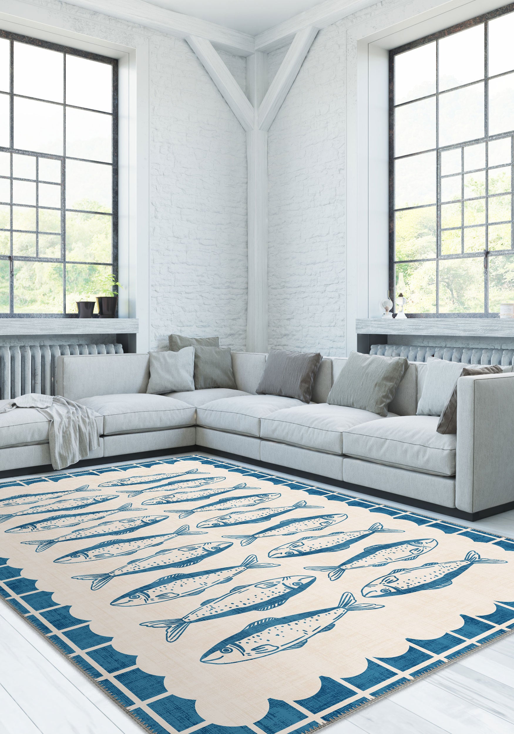 Decorative fish rug for living room.