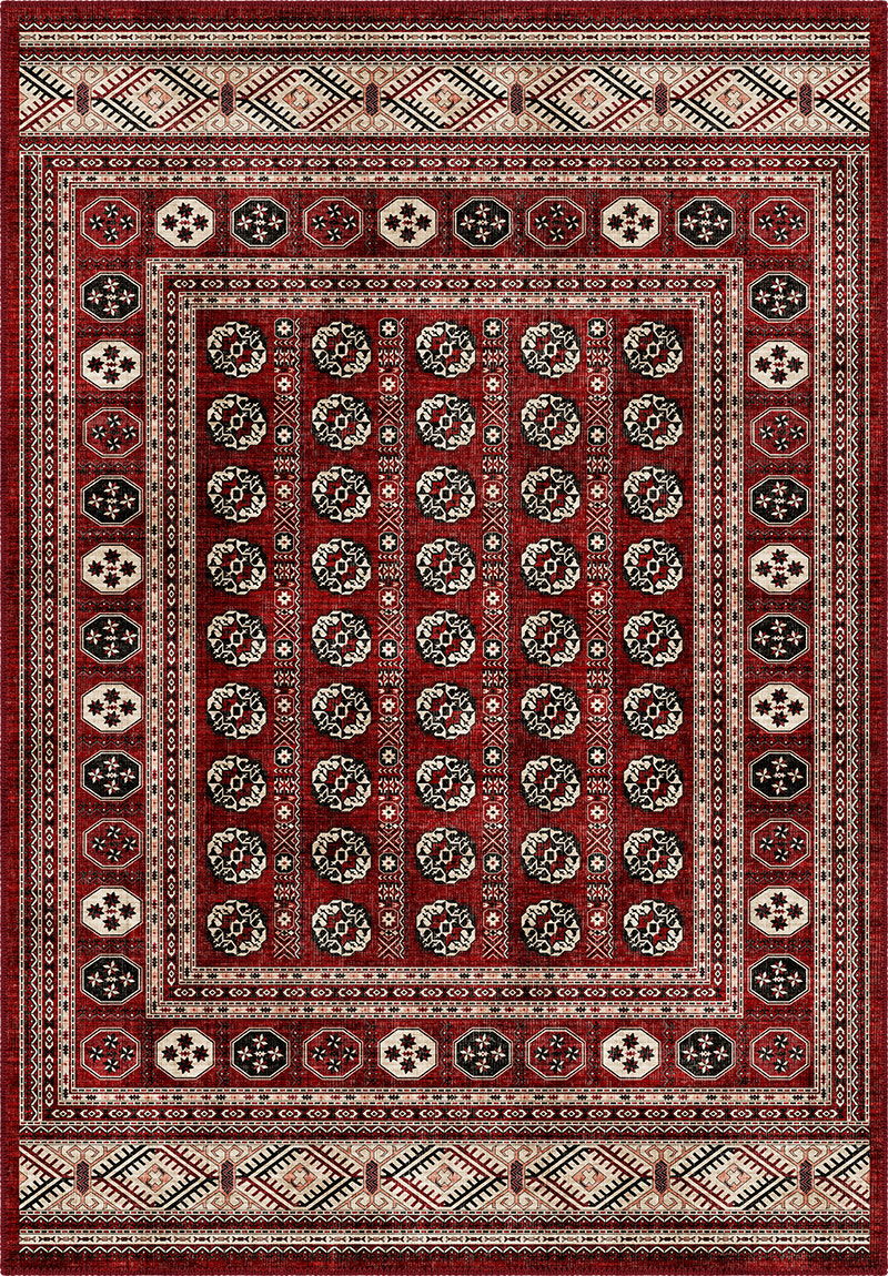 Deep red Bokhara rug for living room.