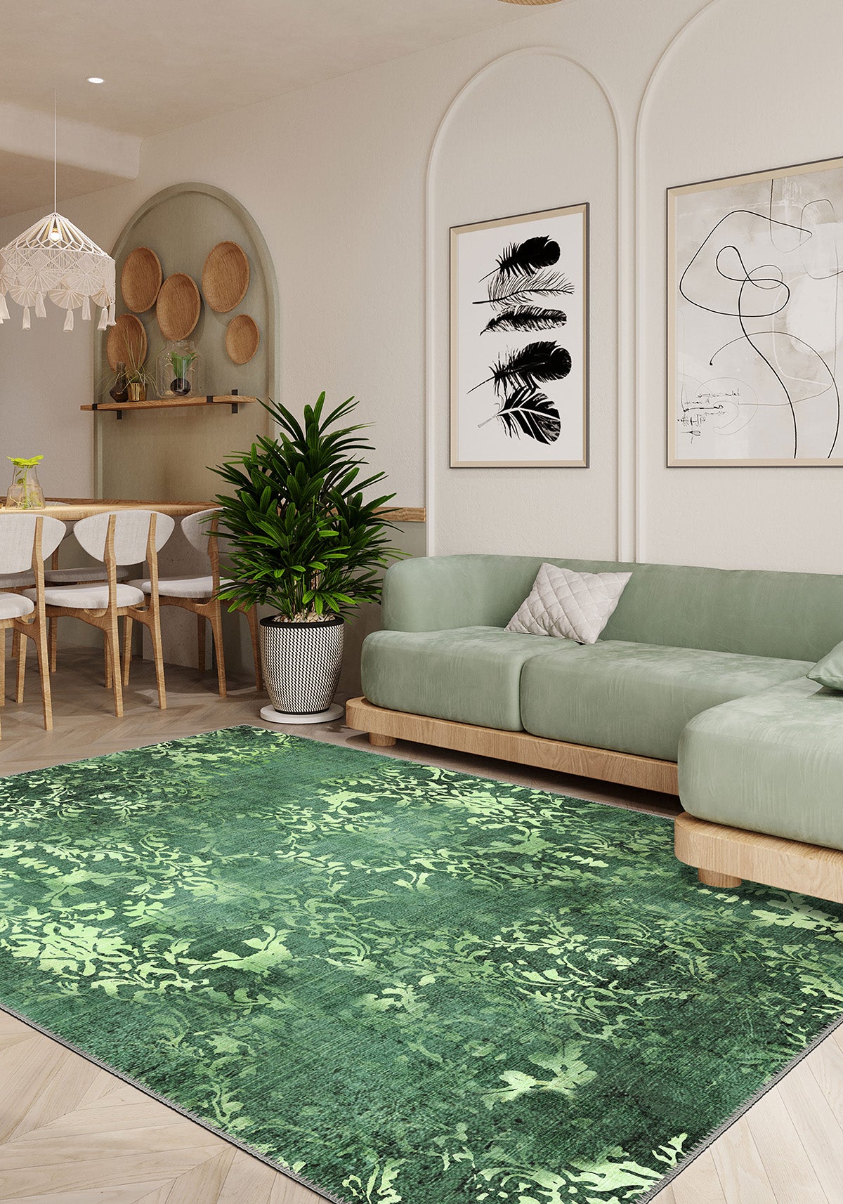 Emerald green rug for living room.