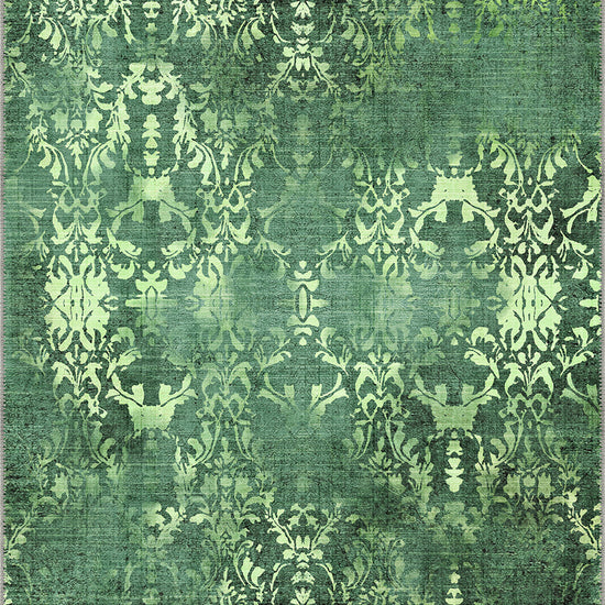 Green distressed damask rug for living room.