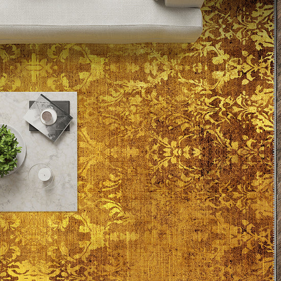 Yellow vintage rug for living room.