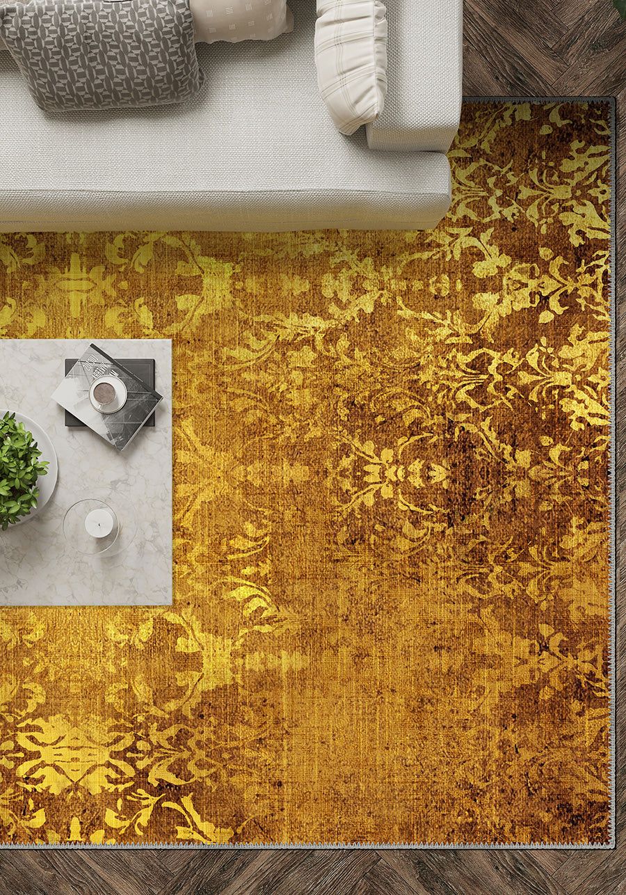 Yellow vintage rug for living room.
