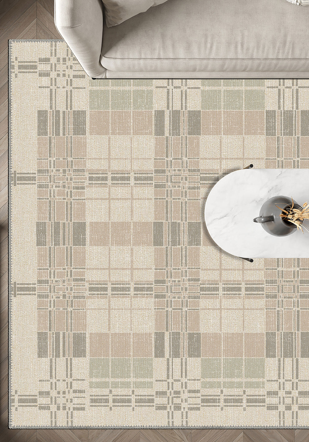 Cream beige geometric rug for living room.