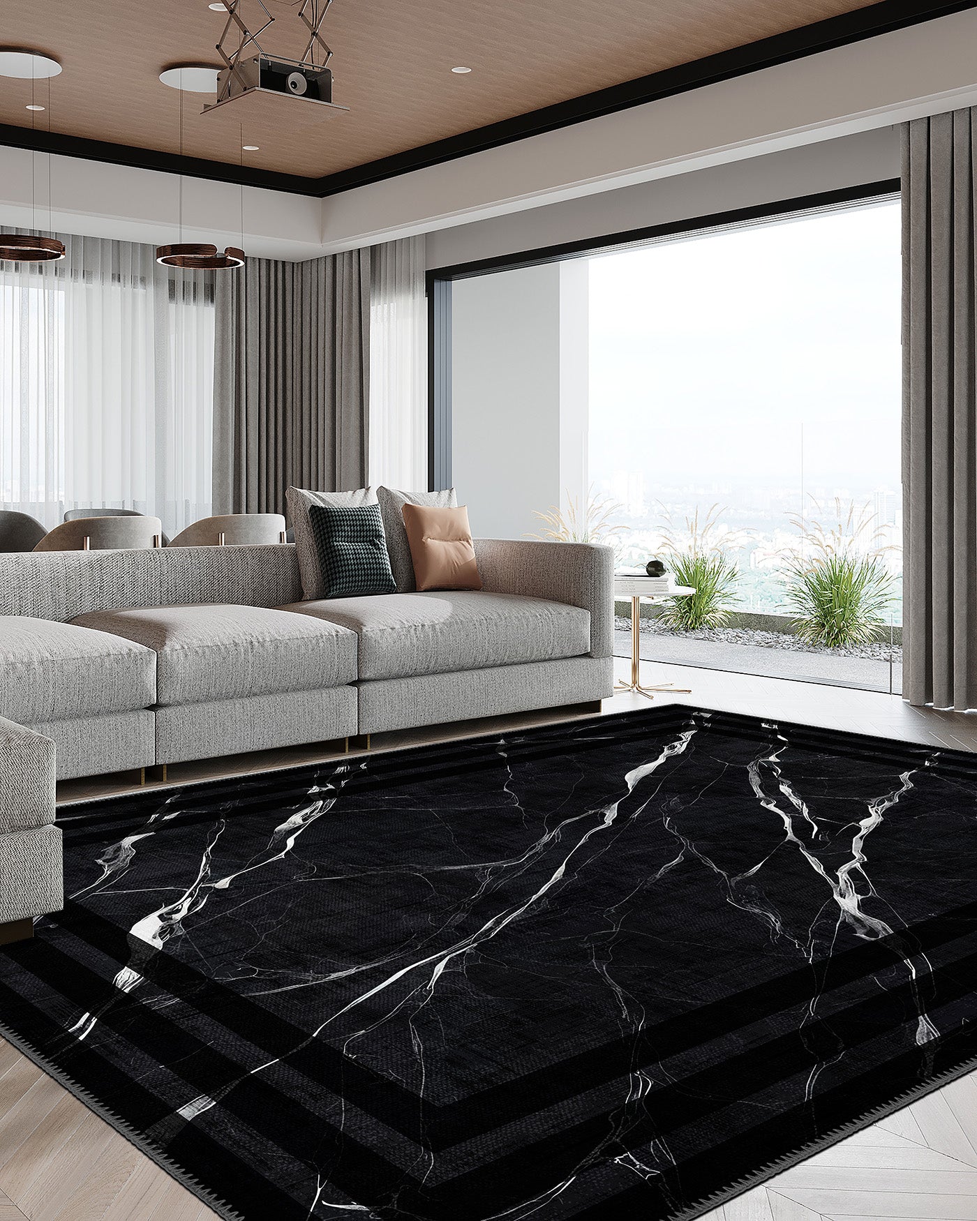 Black marble luxury rug for living room.