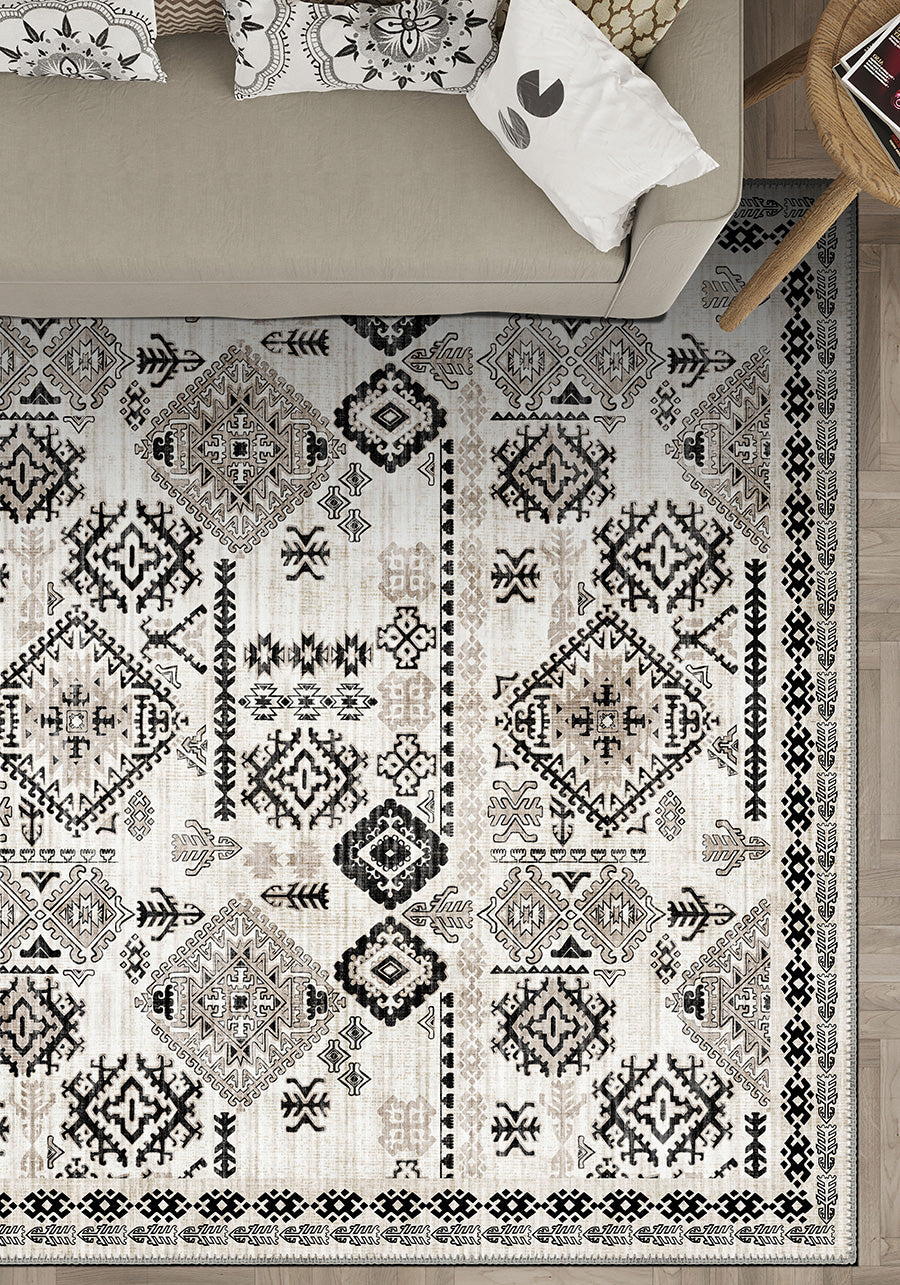 Black and white rug with Anatolian motifs.